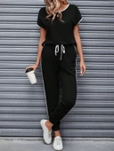 Kadın Kısa Kollu Kayık Yaka Viskon Iki Iplik Bluz Ve Bağcıklı Pantolon Ikili Takım thumbnail 2