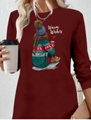 Kadın Uzun Kollu Bisiklet Yaka Desenli Viskon Iki Iplik Elbise thumbnail 2