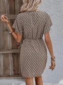 Kadın Kısa Yarasa Kollu önden Kruvaze Yaka Detaylı önden Bağlamalı Desenli Süprem Elbise thumbnail 4