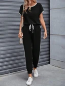 Kadın Kısa Kollu Kayık Yaka Viskon Iki Iplik Bluz Ve Bağcıklı Pantolon Ikili Takım thumbnail 6