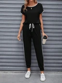 Kadın Kısa Kollu Kayık Yaka Viskon Iki Iplik Bluz Ve Bağcıklı Pantolon Ikili Takım thumbnail 4