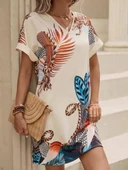 Kadın Kısa Kollu V Yakalı Desenli Mini Atlas Elbise thumbnail 1