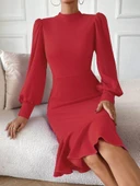 Kadın Uzun Kollu Yarı Balıkçı Yaka Etek Ucu Fırfır Detaylı Midi Ithal Krep Elbise thumbnail 3