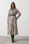 Yılan Desen Uzun Yaka Detaylı Elbise - Krem-Siyah thumbnail 2