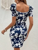 Kadın Kısa Kollu Kruvaze Yakalı çiçek Baskılı Süprem Elbise thumbnail 2