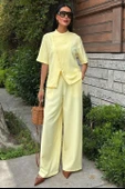 Hakim Yaka Çapraz Düğmeli Plazzo Pantolon Viscon Keten Takım 10209 thumbnail 6