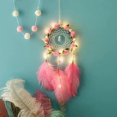 BUFFER® El Yapımı Kuş Tüyü ve Led Işıklı Dekoratif Asma Düş Rüya Kapanı thumbnail 2