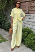 Hakim Yaka Çapraz Düğmeli Plazzo Pantolon Viscon Keten Takım 10209 thumbnail 5