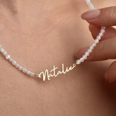 14 Ayar Altın Kaplama Kişiye Özel İsim Yazılı Moonstone (Aytaşı) Doğal Taş Gümüş Kolye - NGS00113 - 1