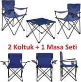 2 Adet Mavi / Lacivert Katlanır Kamp Sandalyesi 1 Adet Masa Piknik Çantalı - 5