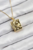 316L Çelik Zirkon Taşlı Açılabilr Kapaklı Kitap Model Gold Renk Kadın Kolye - 1
