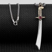 Kırmızı Zirkon Taşlı Parlak Moğol Kılıcı Gümüş Kolye thumbnail 1