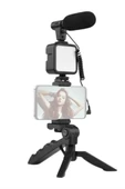 Tripod Telefon Tutucu Kumandalı Mikrofon Led Işık Vlog Video Kayıt thumbnail 1