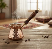 LUDIA Otantik İşlemeli Ahşap Saplı El Yapımı Eskitme Bakır Cezve m1 Kahve Cezvesi - 7