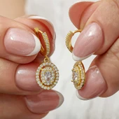 Gümüş Gold Oval Taşlı Sallantılı Küpe - 1