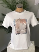 GORGEOUS -KADIN GİYİM-DİJİTAL VARAK BASKILI-BİSİKLET YAKA BEYAZ T-SHIRT- - 1