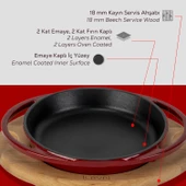 Lava Döküm Yuvarlak Sahan Döküm Demir Yekpare Çift Kulplu Kayın Servis Ahşabı Çap(Ø)16cm.-Bordo thumbnail 6