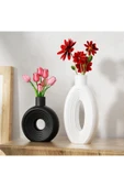 DEKOPOR Roa El Yapımı Taş Tozu Dekoratif Vazo Seti 2’li – Siyah-Beyaz / İskandinav Stil - 1
