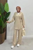 Kadın Çapraz Bağlamalı Keten Kimono Tesettür Pantolon Takım - 9