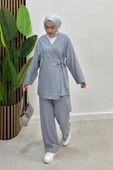 Kadın Çapraz Bağlamalı Keten Kimono Tesettür Pantolon Takım - 3