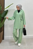 Kadın Çapraz Bağlamalı Keten Kimono Tesettür Pantolon Takım - 1