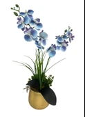 Yapay Çiçek Mavi Islak Orkide Gold Metal Saksıda Saksıda Orkide 50cm thumbnail 7