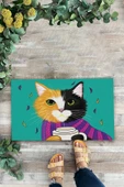 Valerine Life Kahve Düşkünü Relaks Kedi Yeşil Welcome Hoş Geldiniz Kapı Önü Paspası 45x70cm thumbnail 2
