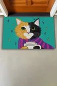 Valerine Life Kahve Düşkünü Relaks Kedi Yeşil Welcome Hoş Geldiniz Kapı Önü Paspası 45x70cm thumbnail 3