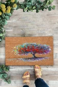 Valerine Life Renkli Yaşam Ağacı Kahverengi Welcome Hoş Geldiniz Kapı Önü Paspası 45x70cm thumbnail 1
