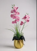 Yapay Çiçek Pembe Islak Orkide Gold Metal Saksıda Saksıda Orkide 50cm thumbnail 2