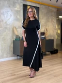 Kadın Kısa Kollu Bisiklet Yaka çift şerit Renk Detaylı Asimetrik Kesim Viskon Iki Iplik Elbise thumbnail 3