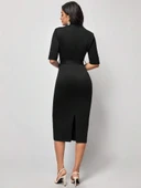 Kadın Kısa Kollu Yakalı Kruvaze Yakalı Beli Kemerli Midi Modal Elbise thumbnail 4