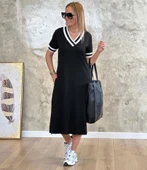 Kadın Kısa Kollu V Yaka Kol Ve Yaka Ribana Detay Midi Boy Viskon Elbise thumbnail 5