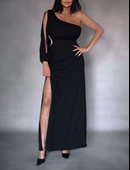 Tek Omuz Açık Derin Yırtmaçlı Krep Tam Boy Elbise thumbnail 7