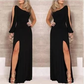 Tek Omuz Açık Derin Yırtmaçlı Krep Tam Boy Elbise thumbnail 1