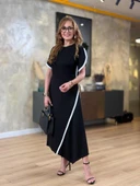 Kadın Kısa Kollu Bisiklet Yaka çift şerit Renk Detaylı Asimetrik Kesim Viskon Iki Iplik Elbise thumbnail 6