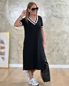 Kadın Kısa Kollu V Yaka Kol Ve Yaka Ribana Detay Midi Boy Viskon Elbise thumbnail 7