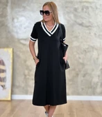 Kadın Kısa Kollu V Yaka Kol Ve Yaka Ribana Detay Midi Boy Viskon Elbise thumbnail 6