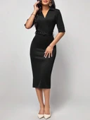 Kadın Kısa Kollu Yakalı Kruvaze Yakalı Beli Kemerli Midi Modal Elbise thumbnail 5