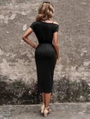 Kadın Kısa Kollu Omuzlardan Askılı önde Sarmal Detaylı Asimetrik Kesim Midi Viskon Elbise thumbnail 3