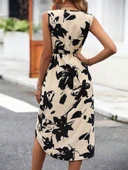 Kadın Sıfır Kol Kruvaze Yaka önden çapraz Kesim Detaylı Desenli Oysho Süprem Elbise thumbnail 9