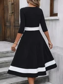 Kadın Truvakarkol Yakası Açık Blok Renkli Krep Midi Elbise thumbnail 4