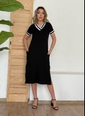 Kadın Kısa Kollu V Yaka Kol Ve Yaka Ribana Detay Midi Boy Viskon Elbise thumbnail 1