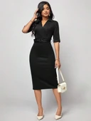 Kadın Kısa Kollu Yakalı Kruvaze Yakalı Beli Kemerli Midi Modal Elbise thumbnail 6