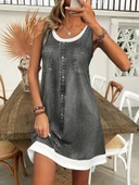 Kadın Askılı Yuvarlak Yakalı Kot Görünümlü Kısa Süprem Elbise thumbnail 1