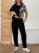 Kadın Bisiklet Yaka Kısa Kol Leopar Desen Bluz Ve Pantolon Ikili Takım thumbnail 4