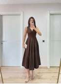 V Yaka Uzun Kolsuz Elbise- Kahverengi thumbnail 4