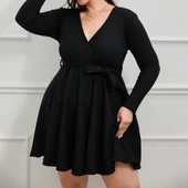 Kadın Uzun Kollu Kruvaze Yaka Kuşak Detay Salaş şardonlu Kaşkorse Mini Elbise thumbnail 3