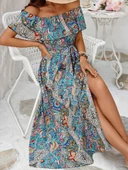 Kadın Kısa Kollu Madonna Yaka Fırfırlı Belden Yırtmaçlı Maksi Süprem Elbise thumbnail 2