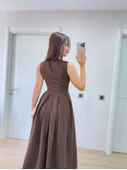 V Yaka Uzun Kolsuz Elbise- Kahverengi thumbnail 3
